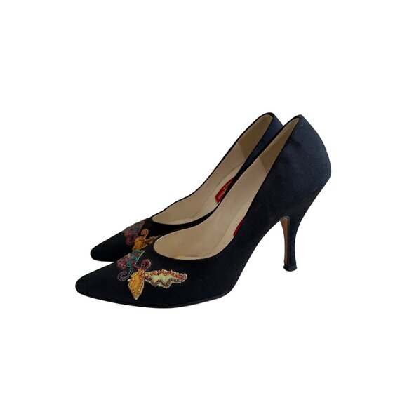 ANDREA PFISTER Couture Vintage Black Fabric Embellished Heels Size 7 - Picture 8 of 8